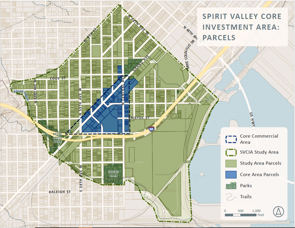 Spirit Valley Core Investment Area Parcels. Refer to County Land Explorer Website for parcel information.